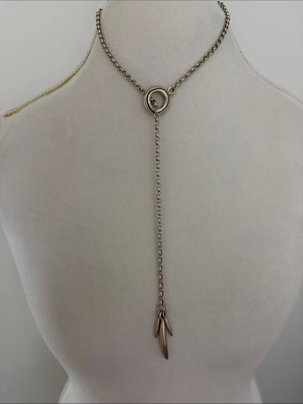 -Style Silver Lariat Necklace with Ring and Tassel Drops